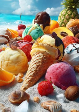 Des cr&egrave;mes glac&eacute;es sur fond de plage tropicale, glaces de diff&eacute;rents parfums et couleurs avec des d&eacute;corations de fruits et de chocolat. Concept de dessert gourmand.