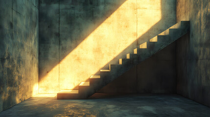 Sunlight filters softly through an opening, casting gentle shadows across the rough surfaces of the concrete block wall. This stark environment creates a sense of isolation and contemplation