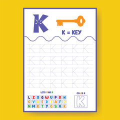 Alphabet learning and writing practice tracing worksheet template, ABC writing, tracing, coloring practice a4 print ready worksheet vector template for kids