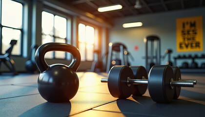 Fototapeta premium Kettlebell and dumbbells resting on gym floor with sunset light 