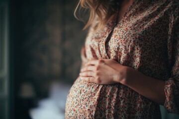 Pregnant Woman Caressing Her Belly in Soft Light, Wearing Comfortable Floral Dress, Capturing Tender Moments of Motherhood, Concept of Maternity Resources and Prenatal Care Promotions