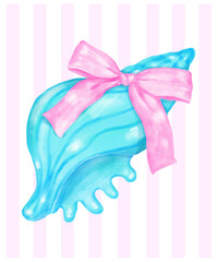 Coquette Summer Blue Conch SeaShell with Pink Ribbon Bow Watercolor