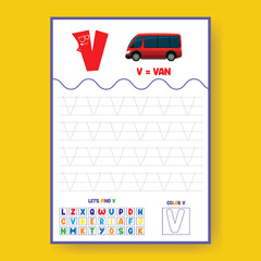 Alphabet learning and writing practice tracing worksheet template, ABC writing, tracing, coloring practice a4 print ready worksheet vector template for kids