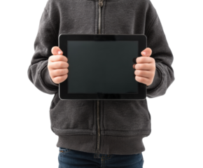 Child holding tablet for digital learning and entertainment, cut out transparent