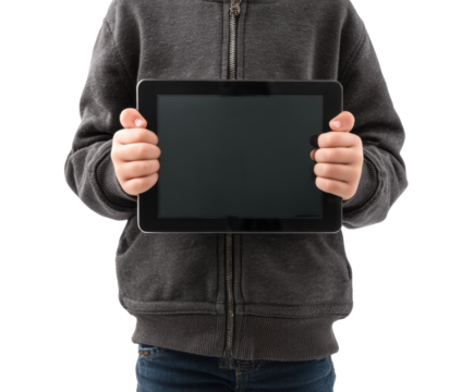 Child holding tablet for digital learning and entertainment, cut out transparent