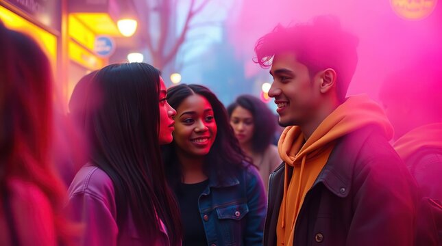 Friends embrace and converse on a city street with vibrant pink and yellow lighting