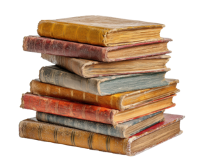 Antique books stacked on top of each other with worn covers, cut out transparent