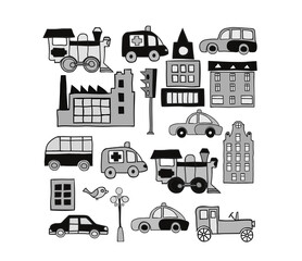 City life elements seamlessly integrating buildings and transportation in monochrome