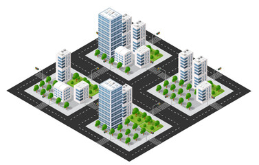 Modern isometric city with skyscrapers, roads, and green parks