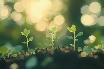 Three young plants sprout from dark soil, bathed in soft sunlight.  Blurred background of out-of-focus greenery and a bright, warm sun