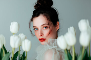 A beautiful girl of 35 years old with big blue eyes with dark brown hair, a bun hairstyle on top of her head, big lips with red lipstick, in a white, translucent, multi-layered outfit, tulips