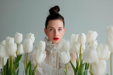 A beautiful girl of 35 years old with big blue eyes with dark brown hair, a bun hairstyle on top of her head, big lips with red lipstick, in a white, translucent, multi-layered outfit, tulips