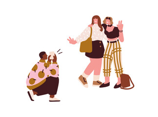 Women friends posing, man taking photo on mobile phone camera. Capturing picture on smartphone for female couple standing outdoors, smiling. Flat vector illustration isolated on white background