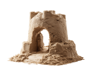 Building a detailed sandcastle by the beach with archway, cut out transparent