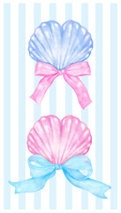 Coquette Summer Pink and Blue SeaShell with Ribbon Bow Watercolor Set