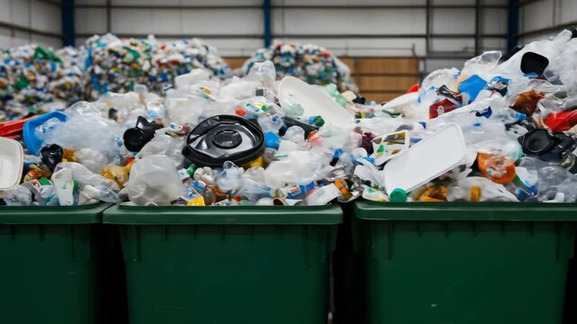 Overflowing recycling bins filled with waste