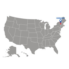 Gray map of United States highlighting Vermont state with location pin symbol. Great for geography and travel themes.