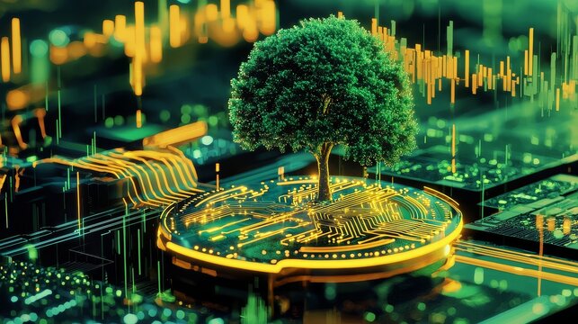 A tree emerges from a digital coin, symbolizing the future of green finance.