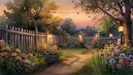 Obraz premium Peaceful watercolor summer evening with glowing lanterns in a countryside garden. Blooming flowers and rustic fence under a soft twilight sky create a cozy atmosphere