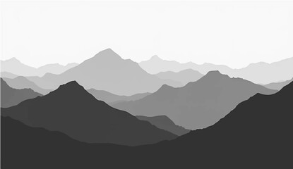 a minimalist vector illustration of layered mountain ranges in grayscale. The design should feature soft gradients and overlapping silhouettes to convey depth, with the closest mountains in dark gray
