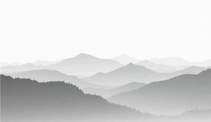 a minimalist vector illustration of layered mountain ranges in grayscale. The design should feature soft gradients and overlapping silhouettes to convey depth, with the closest mountains in dark gray
