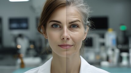 A woman stands confidently in a technology lab, her face showing both youth and age. This unique contrast highlights the impact of innovation on future generations in the tech industry.