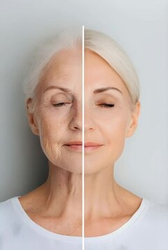 Woman features close up, split screen showing aging process and youthful skin. Anti age skincare treatment for aging concept. Cosmetic and beauty effects.