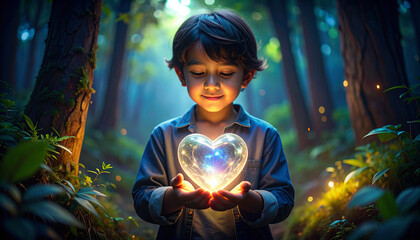 A child holding a glowing crystal heart labeled 'truth' in a dark forest, symbolizing