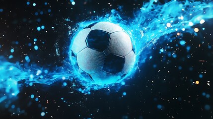 Naklejka premium A soccer ball is surrounded by vibrant blue energy sparks on a dark background