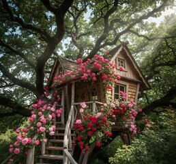 wooden tree house in jungle with beautiful roses