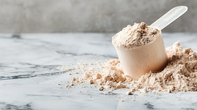 A single scoop of protein powder spilling onto a marble countertop for nutrition, with a white, clean, and bright background to showcase healthy lifestyle choices.