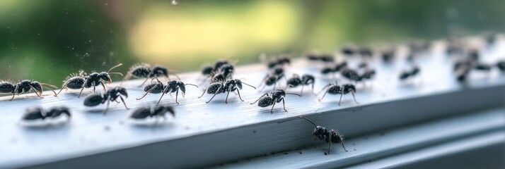 Line of Black Ants Crawling on a Windowsill, Illustrating a Common Household Pest Problem