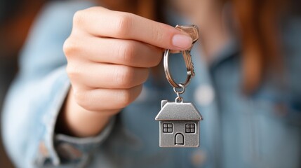 Handing over Keys: The outstretched hand of a person presents a key with a house-shaped keychain, symbolizing property ownership, homeownership, and the real estate market.