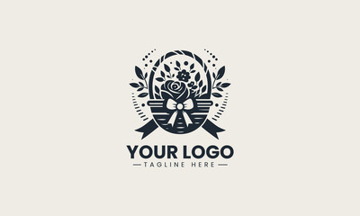 Beautiful flower basket tied with ribbon in detailed minimalist vector logo illustration for floral branding