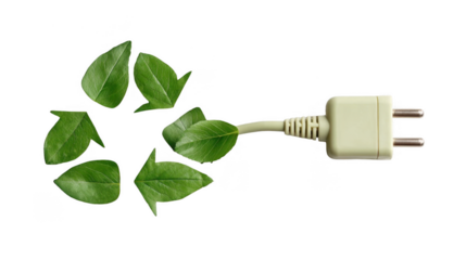Electric plug with cable connecting to recycling symbol created with green leaves promoting renewable energy and environmental conservation on a transparent background