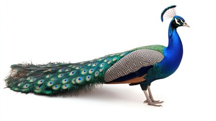 Fototapeta premium Standing Peacock Displaying Vibrant Plumage on White Background for Stock Photography