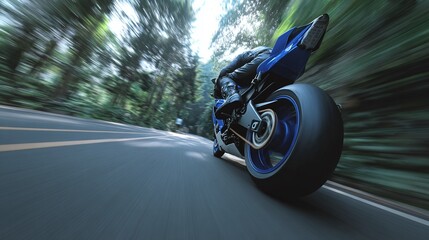 Fast motorcycle ride through lush green forest, dynamic motion blur, asphalt road, biker in blue riding gear, powerful engine, rear wheel close-up. : Generative AI