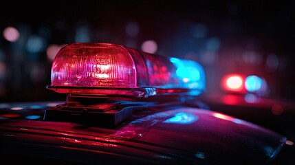 Flashing police car siren lights at night. Vibrant red and blue colors against dark background. Emergency services, law enforcement vehicles on duty. Crime scene investigation. Police car detail.