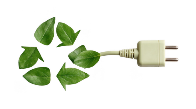 Electric plug with cable connecting to recycling symbol created with green leaves promoting renewable energy and environmental conservation on a transparent background - Powered by Adobe