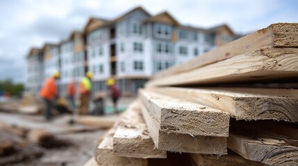 Freshly cut lumber is stacked prominently in the foreground, while construction workers engage at a nearby building site. This scene captures the progress of new homes being built