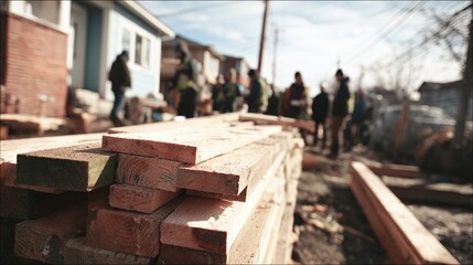 Freshly cut lumber is stacked prominently in the foreground, while construction workers engage at a nearby building site. This scene captures the progress of new homes being built