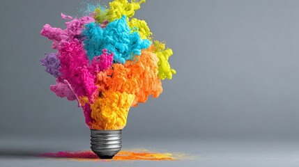 Lightbulb bursting with vibrant paint colors representing creative ideas and innovation in a studio setting with a gray background