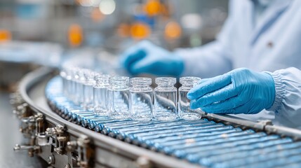 Pharmacist scientist with sanitary gloves examining medical vials on production line conveyor belt in pharmaceutical healthcare factory manufacturing prescription drugs medication mass production