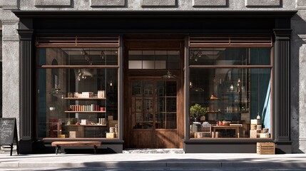 Realistic storefront mockup, local shop store glass window, small business commercial branding showcase