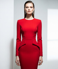 pure red fashion dress model from a front view