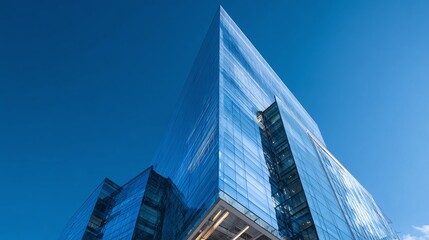 Sleek modern glass building under a clear blue sky