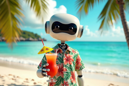 Robot On Vacation With Cocktail on beach background. AI
