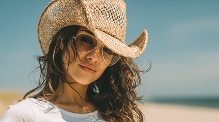 Summer Fashion: Woman in White T-Shirt and Cowboy Hat near Beach