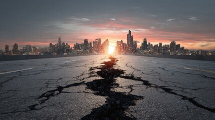 The picture of the road of the urban city that has been cracked, broken and filled with pothole everywhere on the street lead to a city, a pothole is a depression or hollow in a road surface.