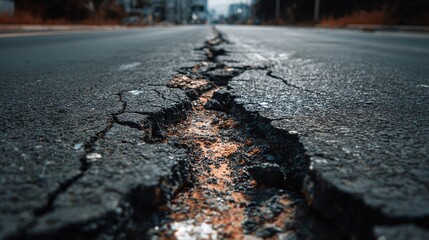 The picture of the road of the urban city that has been cracked, broken and filled with pothole everywhere on the street lead to a city, a pothole is a depression or hollow in a road surface.
